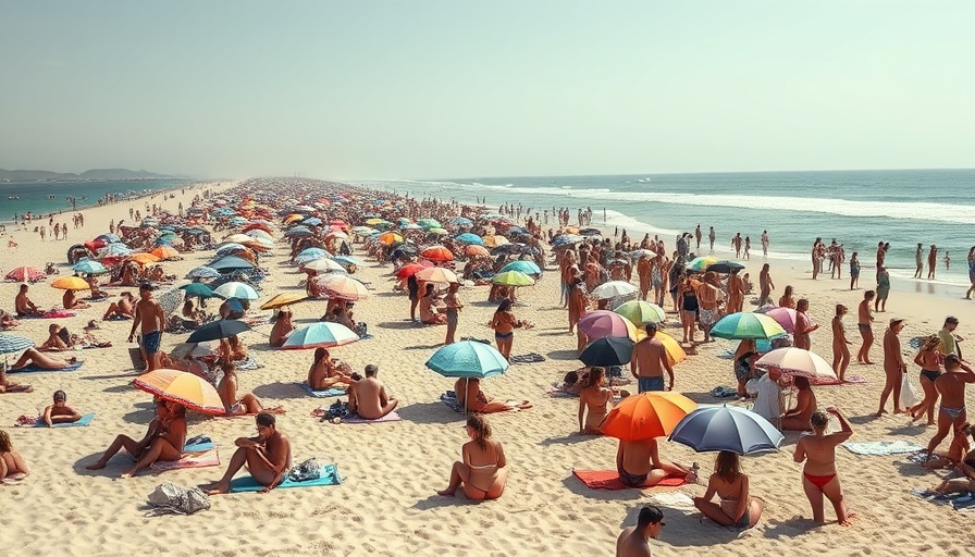 National Bikini Day at a bustling beach with people and umbrellas.