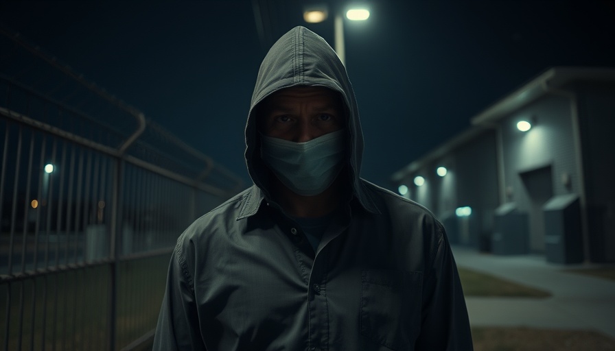 Man covering face outside Miami Dade correctional facility at night.