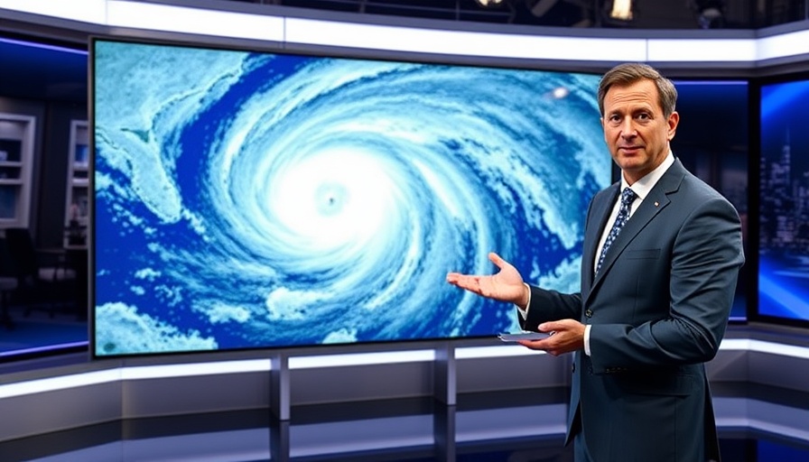 Weather presenter discussing Hurricane Erin on digital map in studio.
