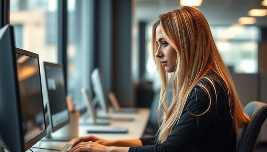 AI and job security: woman working in modern office with computer.