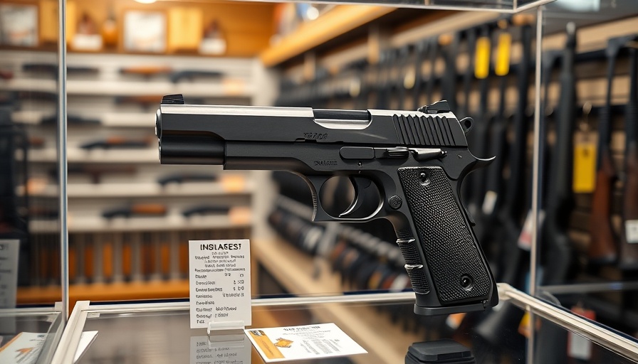 Handguns in display case with price tags, Florida open carry law context.