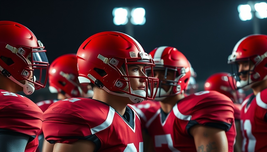 Pace beats Carol City football players standing together in red helmets under stadium lights.
