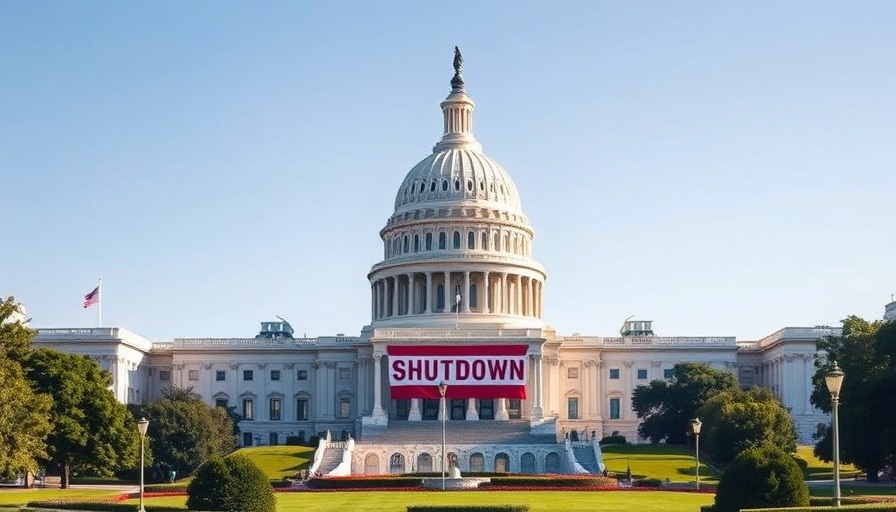 U.S. government shutdown sign at Capitol under clear sky.
