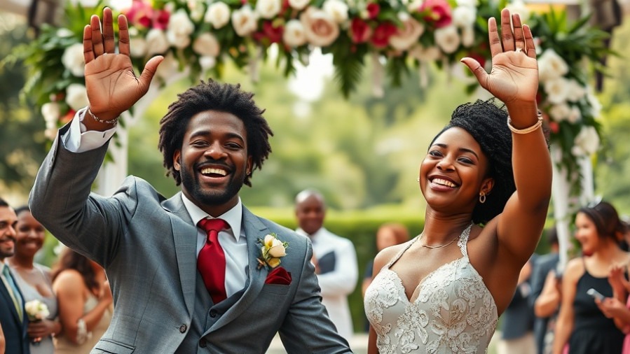 Cheerful black newlywed couple celebrating under floral archway, showcasing relationship communication signs.