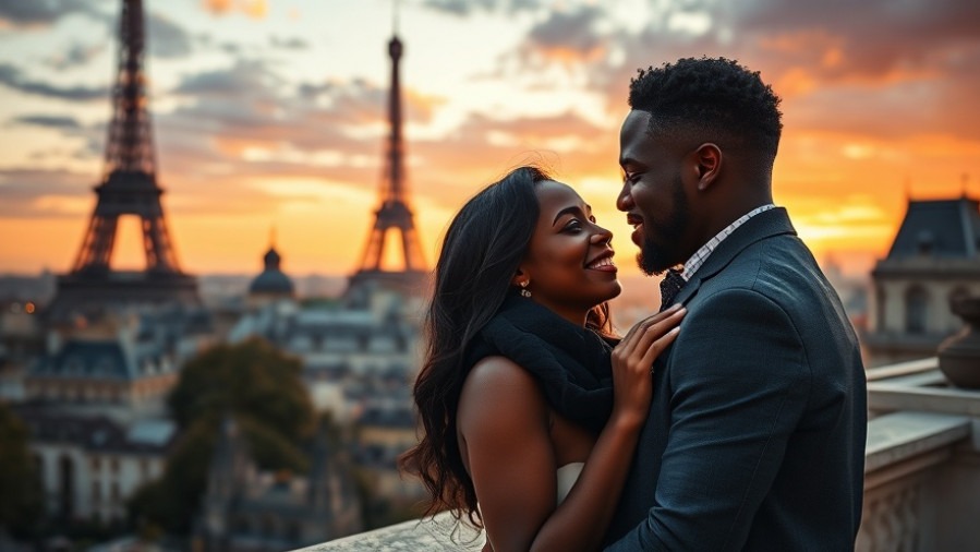 Romantic black couple during a professional photoshoot in Paris, capturing the Eiffel Tower.