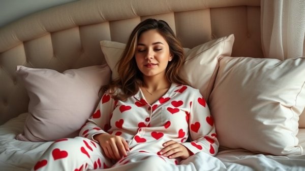 Valentine's Day gift ideas: woman in heart-patterned pajamas.