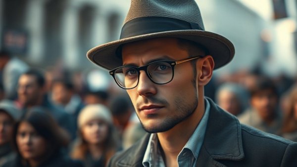 Stylish man in vintage attire with a hat and glasses against blurred background.