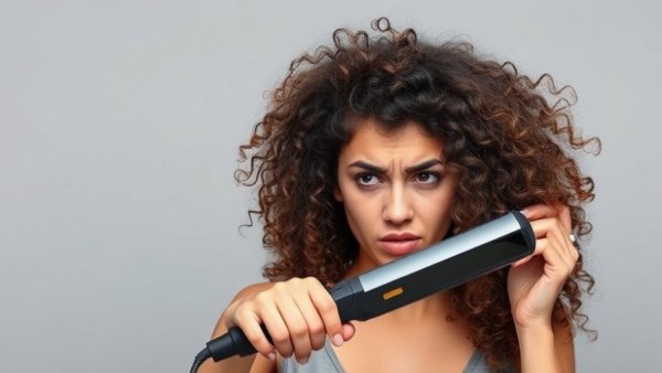 Young woman struggling with DIY Silk Press Hair Tools flat iron