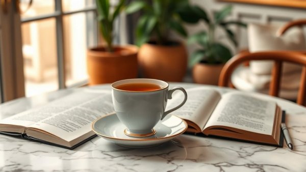 Elegant teacup with tea on marble table for spring reset ideas.