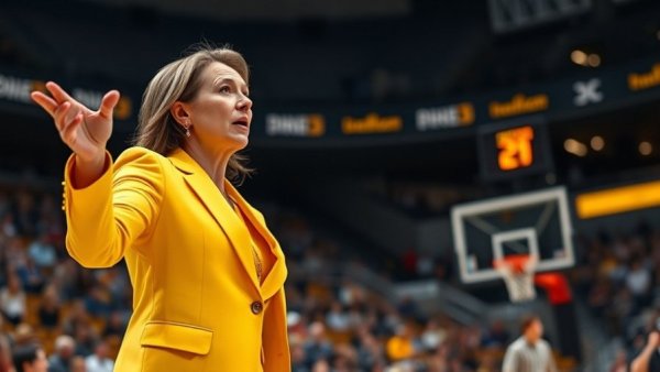 Confident female coach in yellow suit gesturing at basketball game.