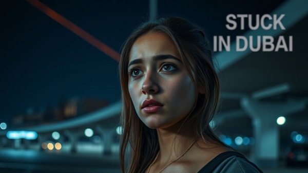 Travel Amid Iran Conflict: Concerned woman stuck in Dubai with comet in the night sky.