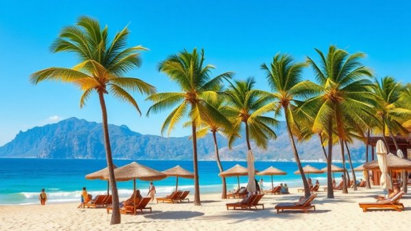 St. Lucia winter trip tropical beach scene with lounges and palm trees.