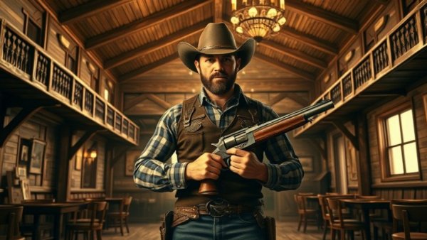 Confident cowboy in a saloon, linking to dating a Black cowboy.