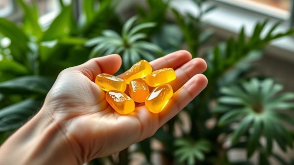 Hand holding wellness gummies in leafy environment.