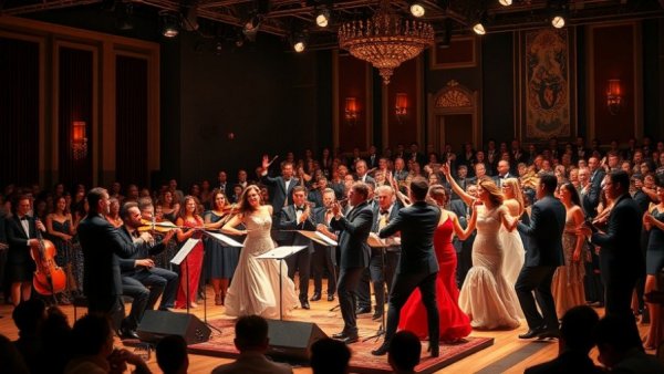 Diverse group performing at an awards event, vibrant attire.