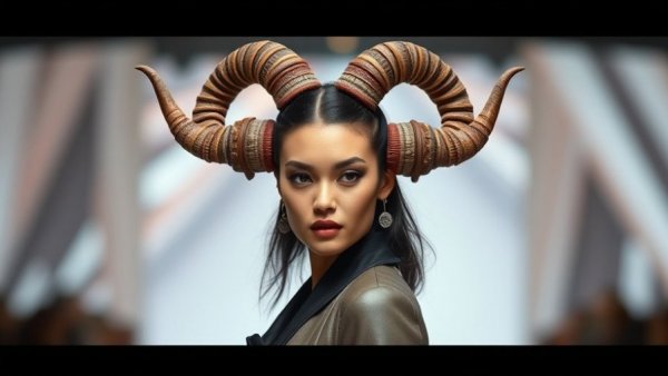 1990s fashion model with horned headpiece on runway.