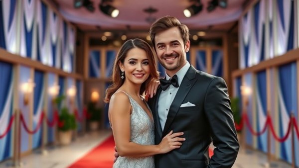 Elegant couple at red carpet event, showcasing glamour and style