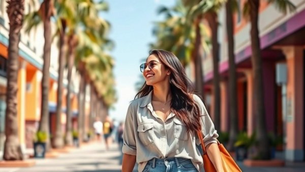 Fashionable couple walking and smiling on a sunny street with palm trees.