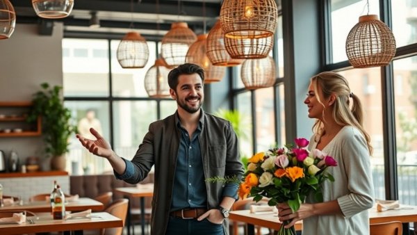 Casual man and smiling woman in a modern restaurant setting.