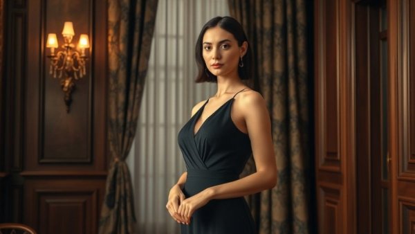 Elegant woman standing in a luxurious room with a neutral expression.
