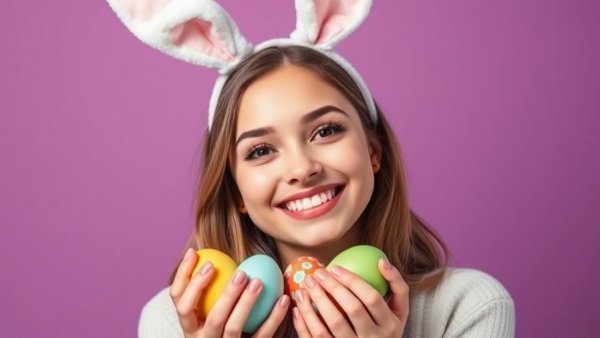 Cheerful woman with bunny ears holding eggs, Easter Sunday outfit ideas.