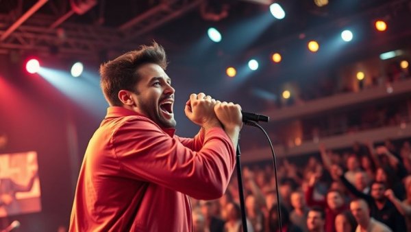 Singer performing passionately in red lace outfit on stage.