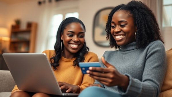 Two joyful Black women shopping online, highlighting financial independence.