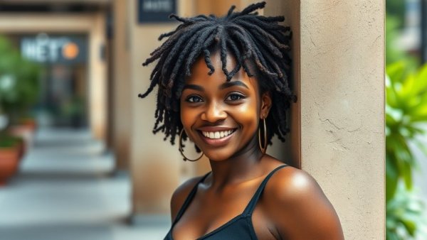 Confident woman in blue blazer smiling outdoors, natural light