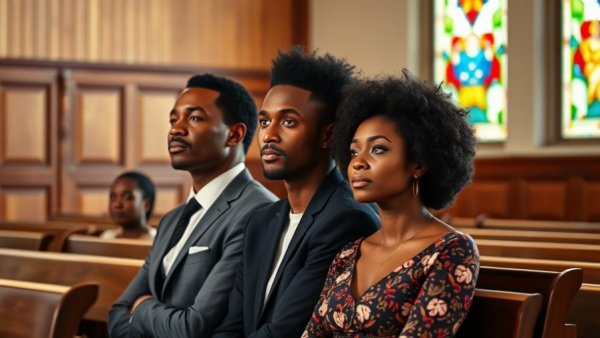 Elegant African American family in Easter fashion seated in a church with stained glass.