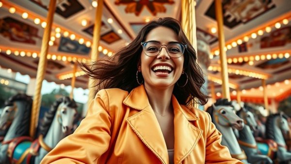 Stylish woman on carousel at festival, vibrant Coachella fashion.