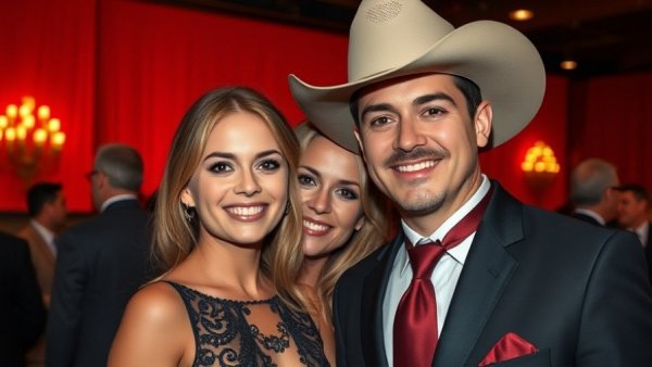 Elegant couple in formal attire with a cowboy hat, Black love wedding themes.