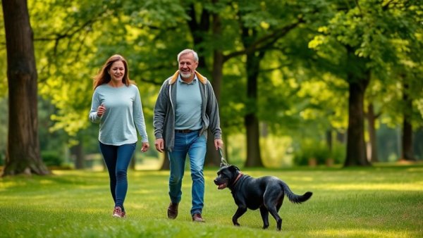 Black celebrities and their pets enjoy a tranquil walk in the park.