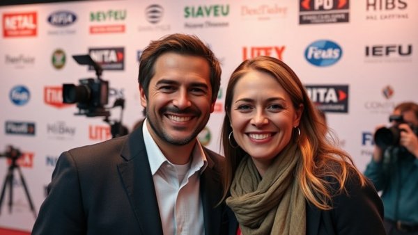 Two people smiling together at media event with branded backdrop.