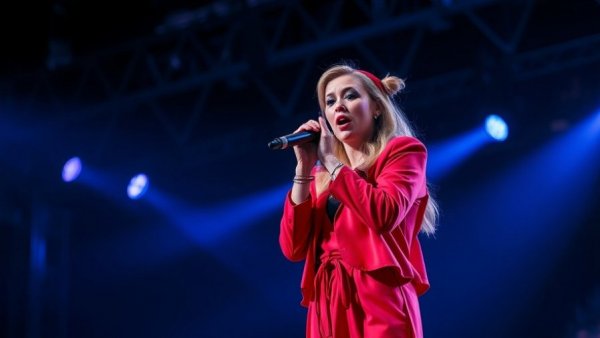 Female singer in red outfit performing lively on stage with blue lights.