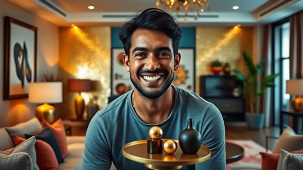 Modern living room with colorful decor and portrait, Art by Design 2026.