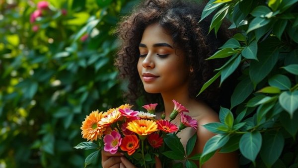Serene young woman embracing nature, amid lush greenery, Earth Day habits that save you money.