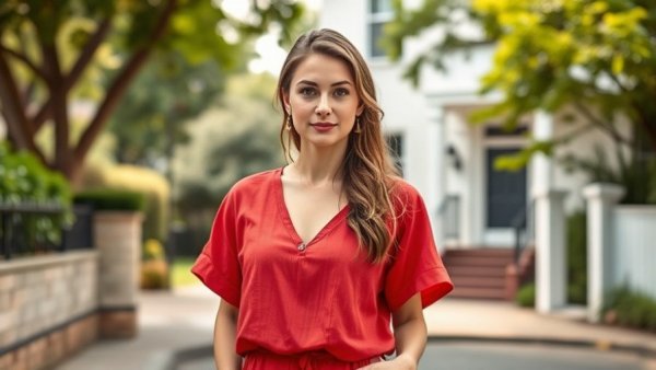 Elegant woman in red linen summer outfit, outdoors