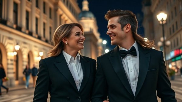 Elegant couple smiling warmly, evening city scene