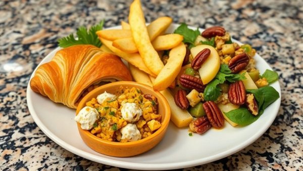 Curry chicken salad croissant with apple pecan salad and chips.
