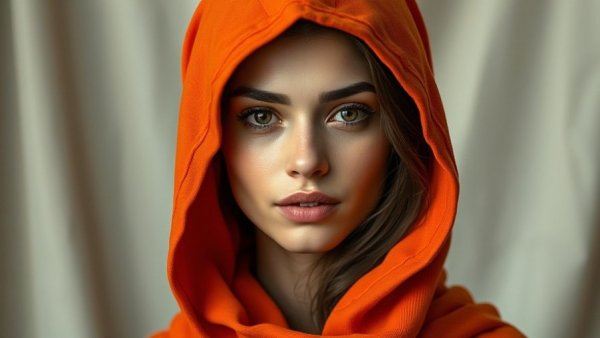 Woman in orange hood with calm expression against draped background.