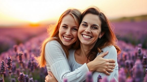 Mother and daughter smiling in lavender field at sunset, personalized Mother’s Day gifts.
