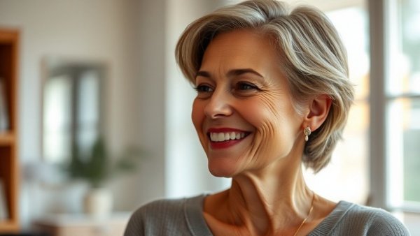 Mature woman smiling softly in natural light indoors.