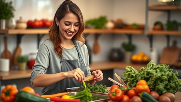 Smiling woman enjoys cooking, highlighting cooking therapy benefits.