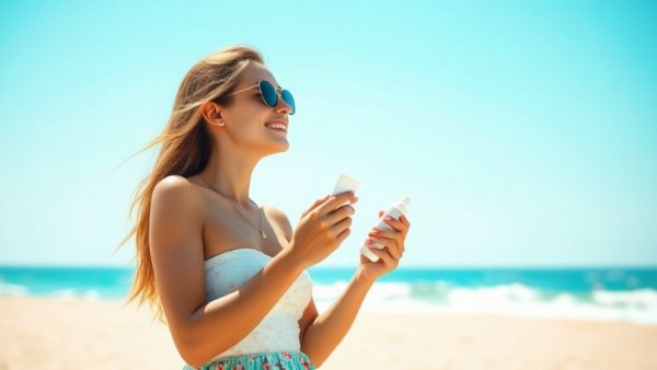 Young woman with sunscreen on sunny beach, Natural Sun Tan vs. Self-Tanner.