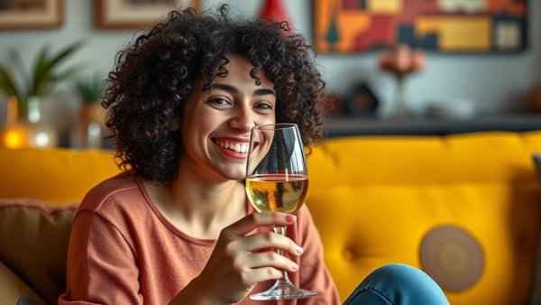 Woman enjoying Moscato wine on National Moscato Day in a cozy setting.
