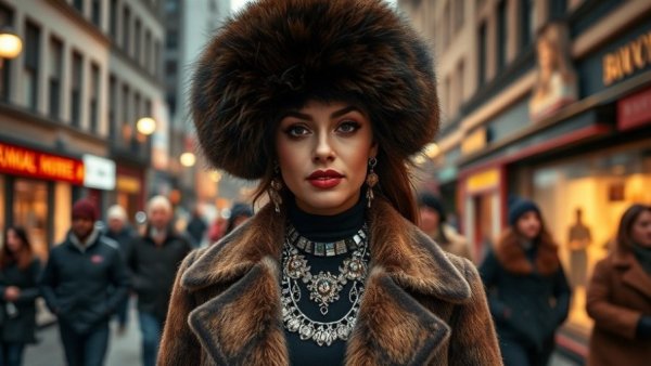 Fashionable person in fur hat on vibrant city street.