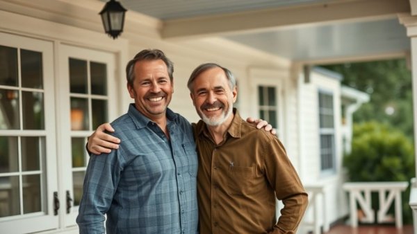 Black Estate Community Connection, two men embracing on a porch.