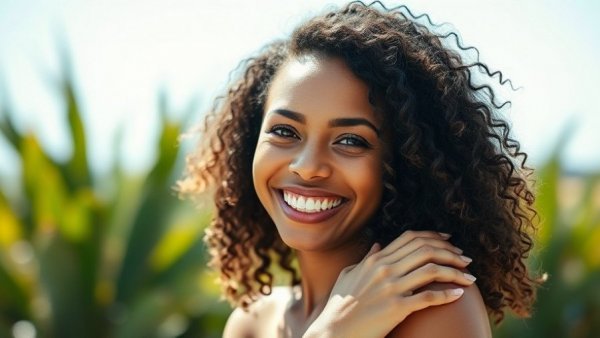 Smiling woman applying sunscreen outdoors, black skin needs sunscreen focus.