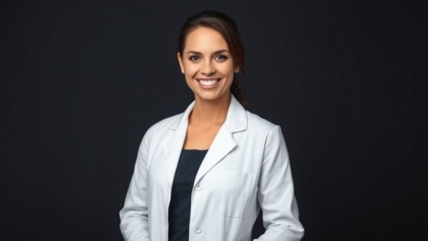 Professional portrait of a confident woman in a white coat.