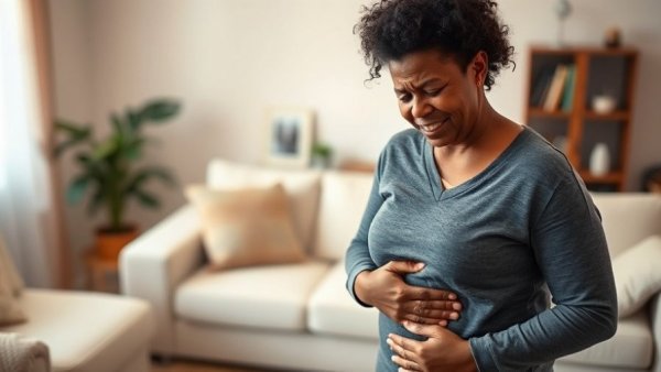 Woman experiencing discomfort on a couch, raising fibroids awareness for Black women.